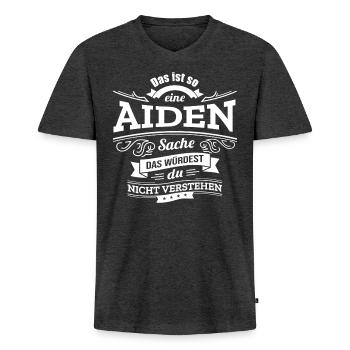 AIDEN, DER KATALYSATOR FÜR DEINEN ERFOLG - Männer Premium Bio T-Shirt mit V-Ausschnitt - Anthrazit meliert - Vorne - Nico (187cm)