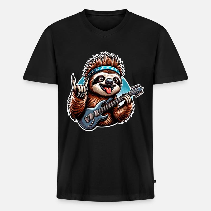 Faultier Rock and Roll Gitarrist - Männer Premium Bio T-Shirt mit V-Ausschnitt - Schwarz