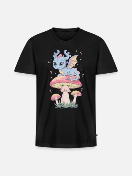Dragon d’évasion fantaisiste sur champignon - T-shirt encolure en V Premium bio Homme - noir