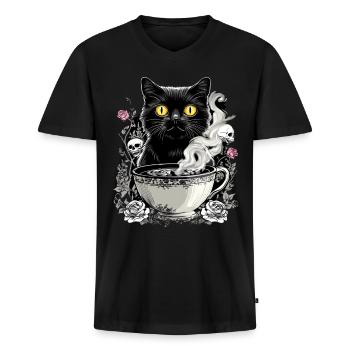 Mystisch: Katze mit Totenkopf-Kaffee - Männer Premium Bio T-Shirt mit V-Ausschnitt - Schwarz - Vorne - Nico (187cm)