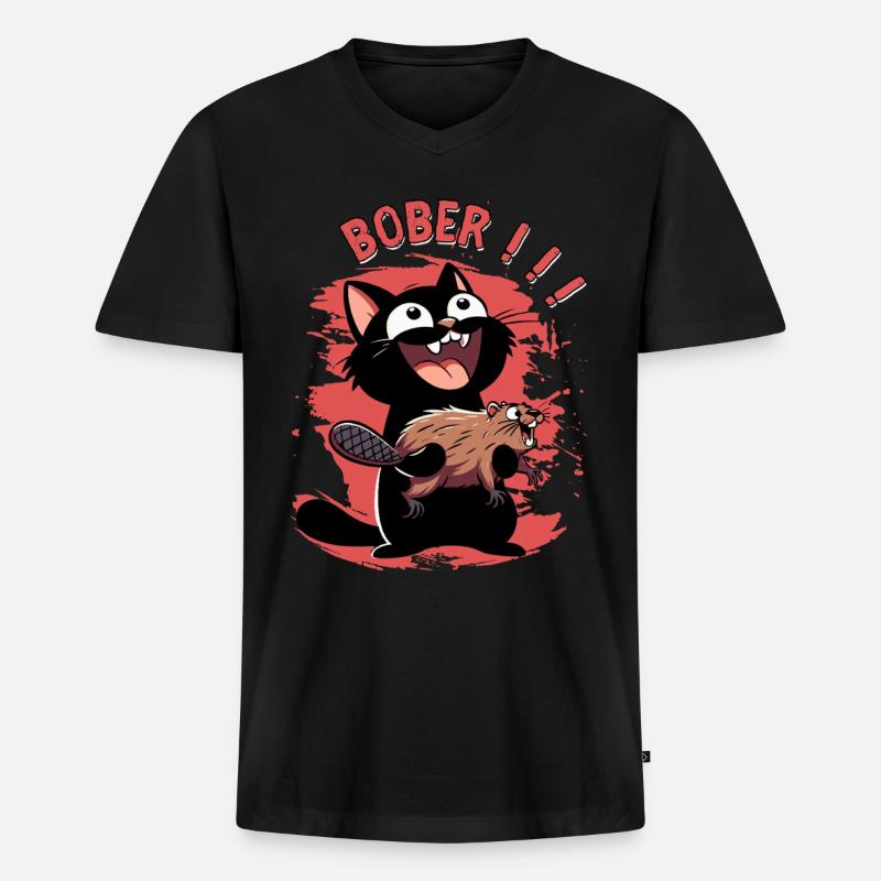 Hyper-Katze ruft „Bober!!!“ – Tierischer Ausraster - Männer Premium Bio T-Shirt mit V-Ausschnitt - Schwarz