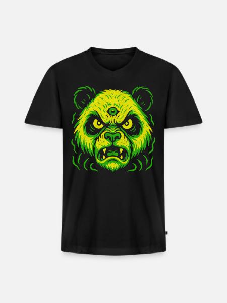 Dreiaugiger Neon-Panda mit Killerblick - Männer Premium Bio T-Shirt mit V-Ausschnitt - Schwarz