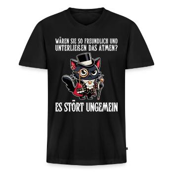 Ihr Atmen stört – Zynische Katze im Adel-Look - Männer Premium Bio T-Shirt mit V-Ausschnitt - Schwarz - Vorne - Nico (187cm)