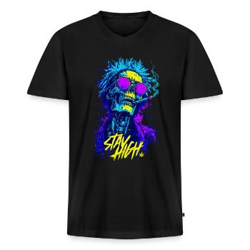 Stay High Skull – Psychedelic Neon Zombie - Men's Premium Organic T-shirt with V-neck - black - Front - Nico (187cm)