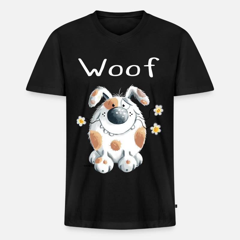 Woof Hund mit Gänseblümchen - Dog - Comic - Männer Premium Bio T-Shirt mit V-Ausschnitt - Schwarz