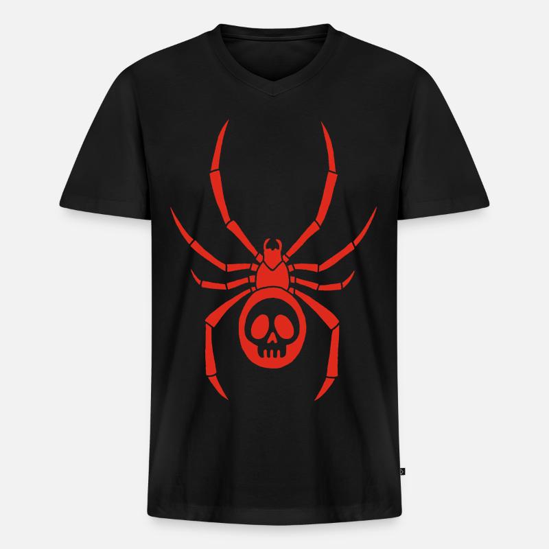 Rote Spinnmilbe und Schädel - Männer Premium Bio T-Shirt mit V-Ausschnitt - Schwarz