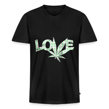 Love Marijuana Cannabis Blatt - Männer Premium Bio T-Shirt mit V-Ausschnitt - Schwarz - Vorne - Nico (187cm)