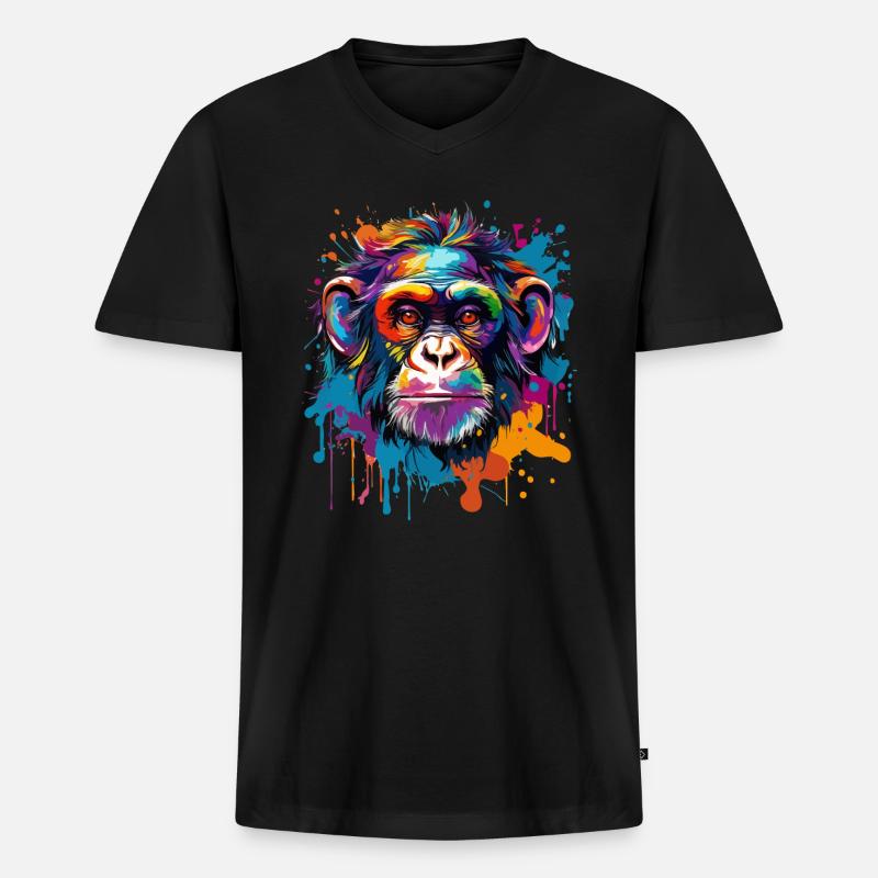 Bunter Schimpanse Farbkleckse Farbspritzer - Männer Premium Bio T-Shirt mit V-Ausschnitt - Schwarz