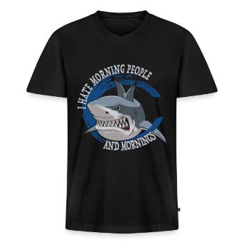 Hai Shark Morgenmuffel - I hate morning people - Männer Premium Bio T-Shirt mit V-Ausschnitt - Schwarz - Vorne - Nico (187cm)