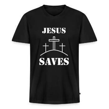 Jesus, Jesus, Jesus Christian Christian Christian - Men's Premium Organic T-shirt with V-neck - black - Front - Nico (187cm)