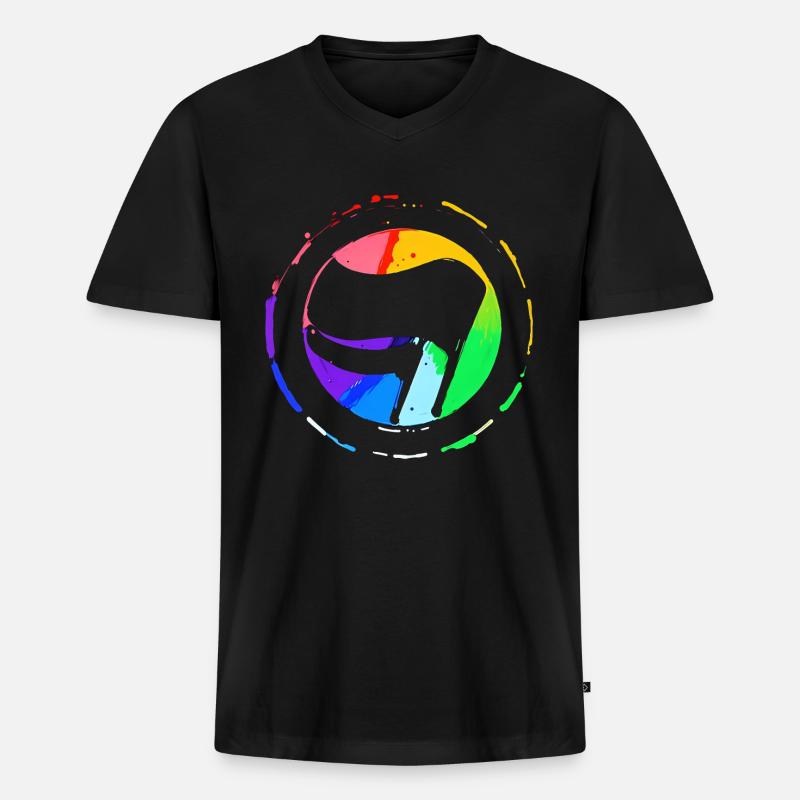 Regenbogen Antifa Flagge - Männer Premium Bio T-Shirt mit V-Ausschnitt - Schwarz