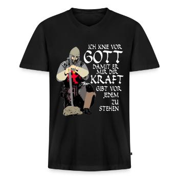 Mittelalter Kreuzritter Deus Vult Spruch - Männer Premium Bio T-Shirt mit V-Ausschnitt - Schwarz - Vorne - Nico (187cm)