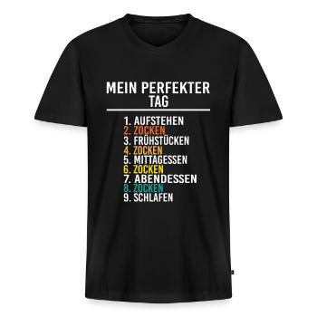 Mein perfekter Tag - Männer Premium Bio T-Shirt mit V-Ausschnitt - Schwarz - Vorne - Nico (187cm)