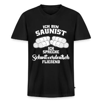 Sauna Wellness Spruch - Schwitzerdeutsch - Männer Premium Bio T-Shirt mit V-Ausschnitt - Schwarz - Vorne - Nico (187cm)
