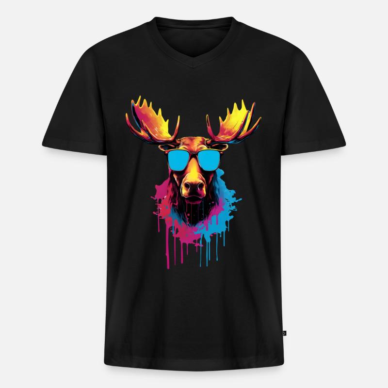 Bunter Elch mit Sonnenbrille - Männer Premium Bio T-Shirt mit V-Ausschnitt - Schwarz