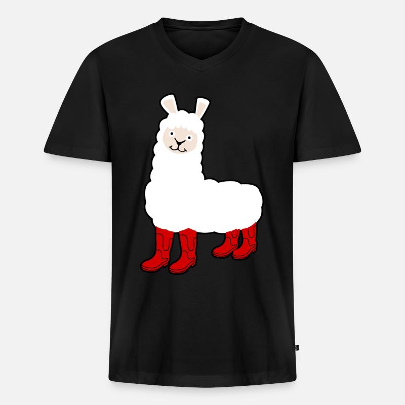 Alpaca with Red Rain Boots - Männer Premium Bio T-Shirt mit V-Ausschnitt - Schwarz