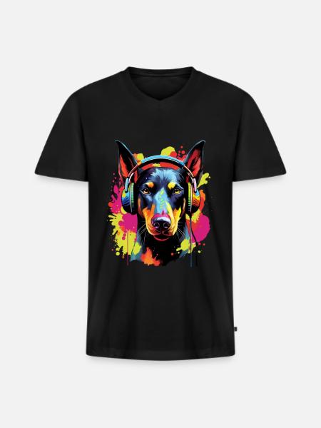 Bunter Dobermann mit Kopfhörer - Männer Premium Bio T-Shirt mit V-Ausschnitt - Schwarz