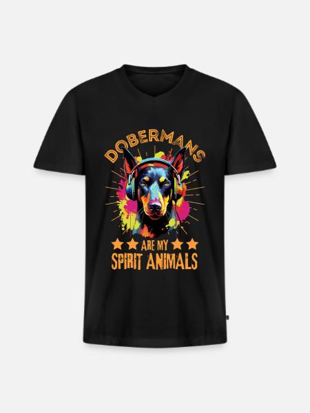 Bunter Dobermann mit Kopfhörer - Männer Premium Bio T-Shirt mit V-Ausschnitt - Schwarz