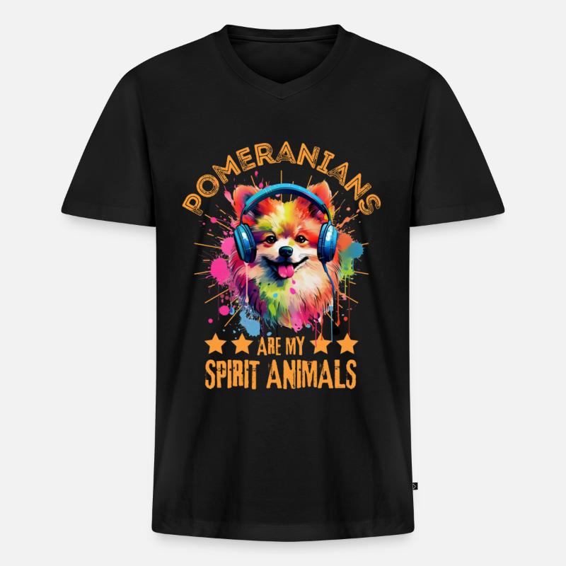 Bunter Zwergspitz mit Kopfhörer - Männer Premium Bio T-Shirt mit V-Ausschnitt - Schwarz