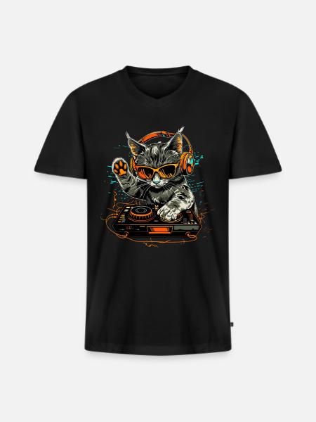 DJ Cat with Headphones and Sunglasses | DJ Cat - Men's Premium Organic T-shirt with V-neck - black