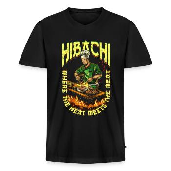 Hibachi Where The Heat Meets The Meat - Männer Premium Bio T-Shirt mit V-Ausschnitt - Schwarz - Vorne - Nico (187cm)