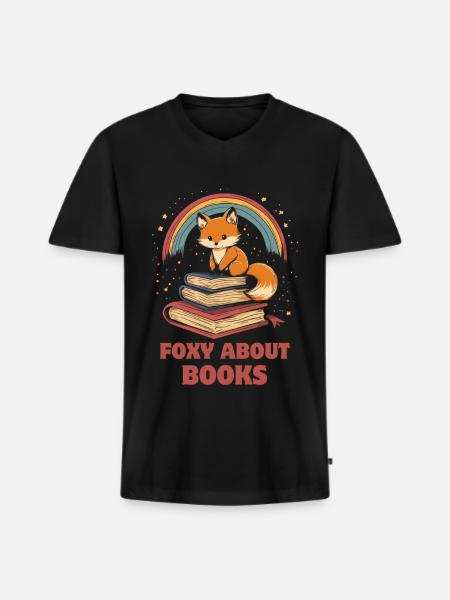 Cute Fox with Books - Men's Premium Organic T-shirt with V-neck - black