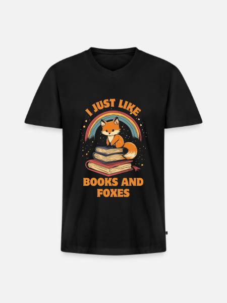 Cute Fox with Books - Men's Premium Organic T-shirt with V-neck - black