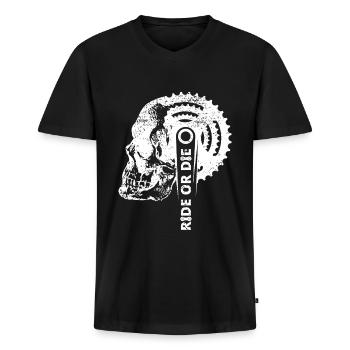 Ride or die Totenkopf Zahnkranz Pedale Fahrrad MTB - Männer Premium Bio T-Shirt mit V-Ausschnitt - Schwarz - Vorne - Nico (187cm)