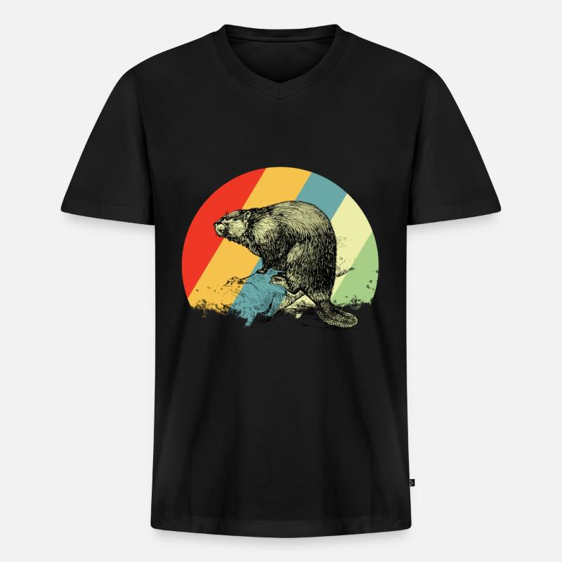 Biber Retro - Männer Premium Bio T-Shirt mit V-Ausschnitt - Schwarz