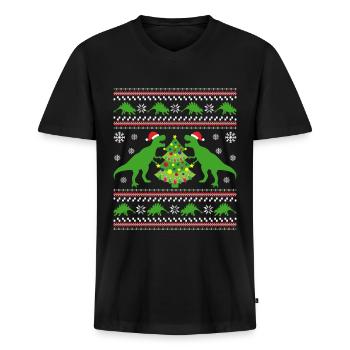 T-Rex Weihnachten Dino Ugly Christmas Sweater - Männer Premium Bio T-Shirt mit V-Ausschnitt - Schwarz - Vorne - Nico (187cm)