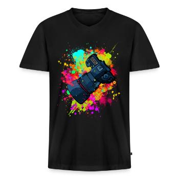 tolle Kamera mit Objektiv in Farbkleckse Geschenk - Männer Premium Bio T-Shirt mit V-Ausschnitt - Schwarz - Vorne - Nico (187cm)