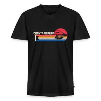 Retro Chemtrail Pilot Chemtrail Abwehr Shirt - Männer Premium Bio T-Shirt mit V-Ausschnitt - Schwarz - Vorne - Nico (187cm)