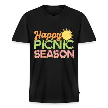Pique-nique saison d’été - pique-nique soleil - T-shirt encolure en V Premium bio Homme - noir - Devant - Nico (187cm)