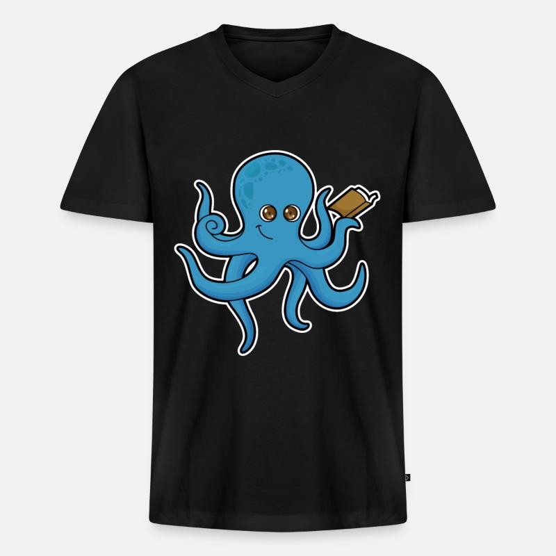 Krake mit Buch - Männer Premium Bio T-Shirt mit V-Ausschnitt - Schwarz