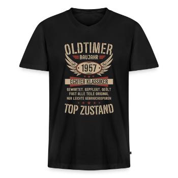 Oldtimer Baujahr 1957 Geboren Jahrgang Geburtstag - Männer Premium Bio T-Shirt mit V-Ausschnitt - Schwarz - Vorne - Nico (187cm)