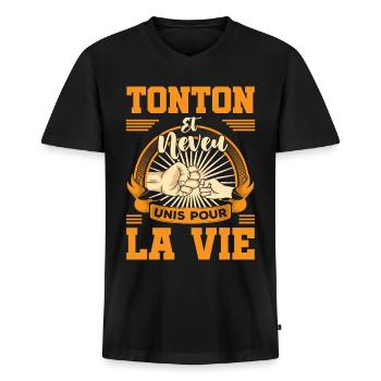 Annonce futur Tonton et neveu unis pour la vie - T-shirt encolure en V Premium bio Homme - noir - Devant - Nico (187cm)