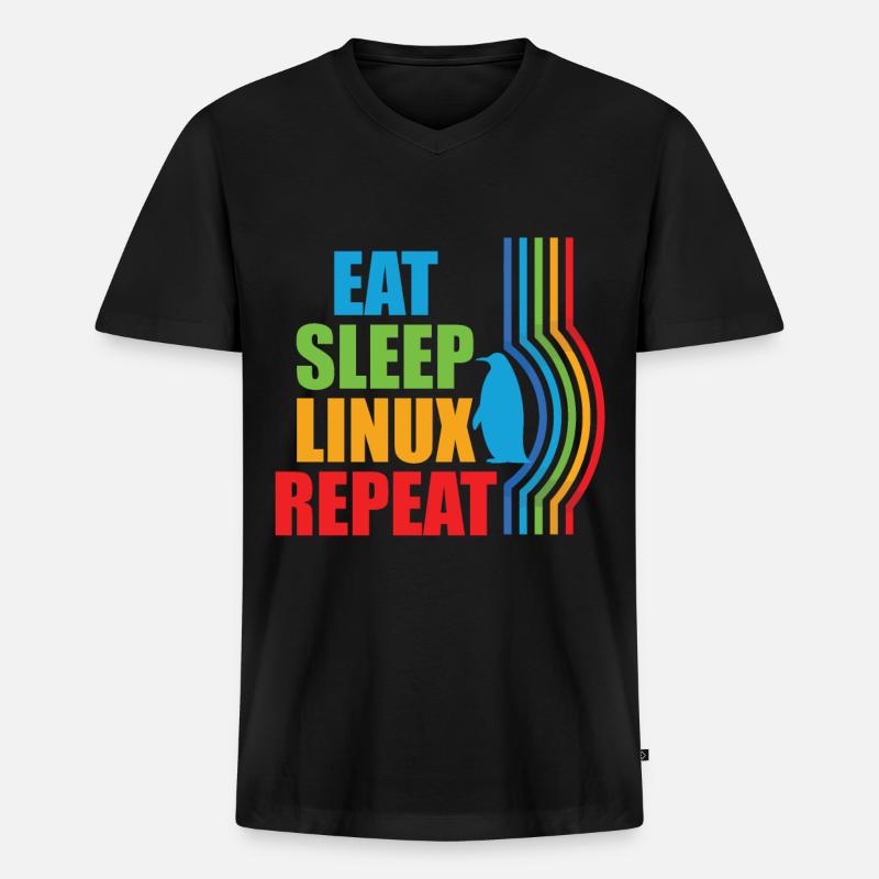 Eat Sleep Linux Répéter Rétro Pingouin Nerd Geek - T-shirt encolure en V Premium bio Homme - noir