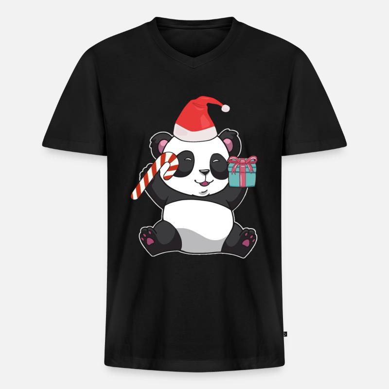 Weihnachten Panda - Männer Premium Bio T-Shirt mit V-Ausschnitt - Schwarz