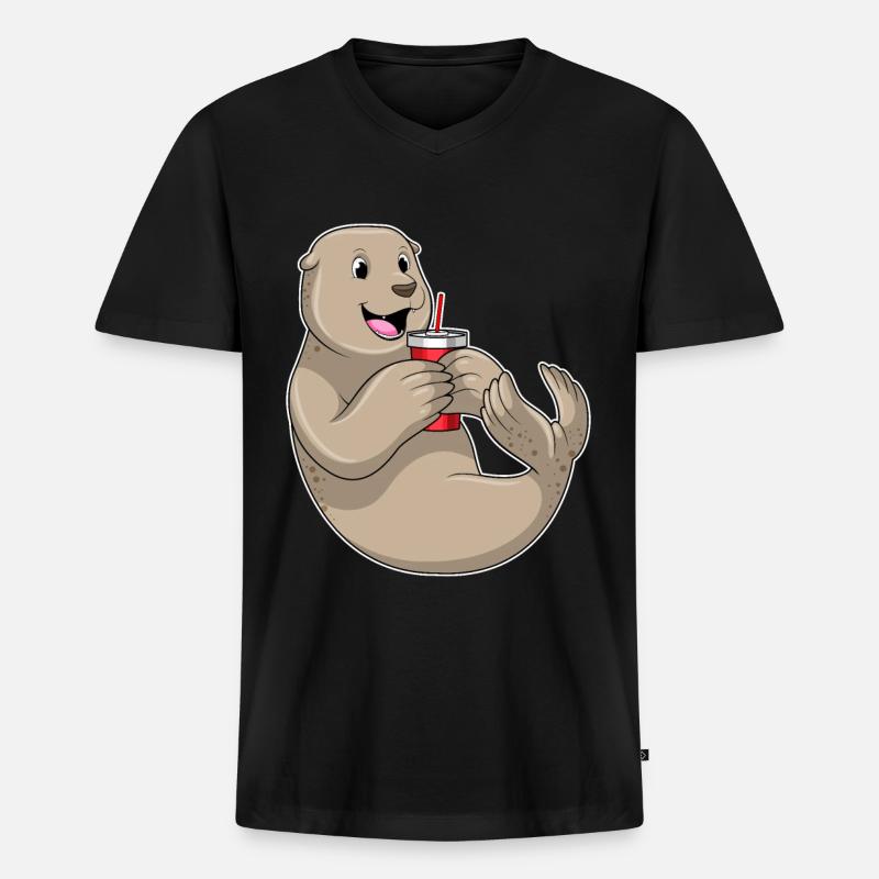 Seehund mit Becher mit Strohhalm - Männer Premium Bio T-Shirt mit V-Ausschnitt - Schwarz