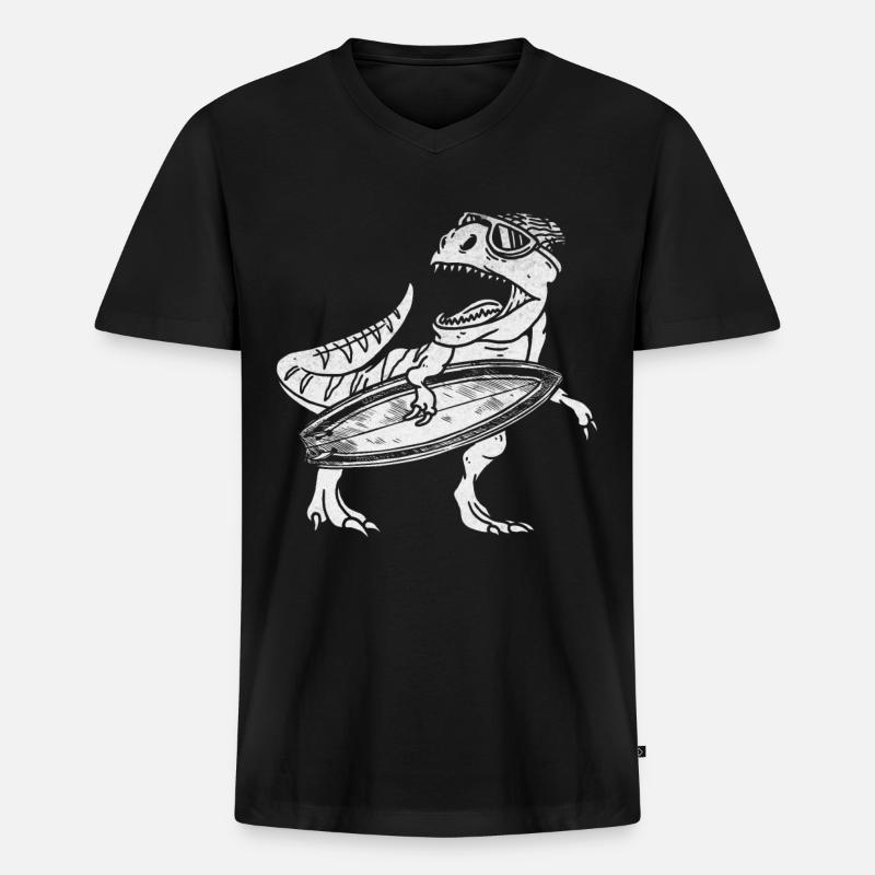 Surfing DInosaur Surfer - Männer Premium Bio T-Shirt mit V-Ausschnitt - Schwarz