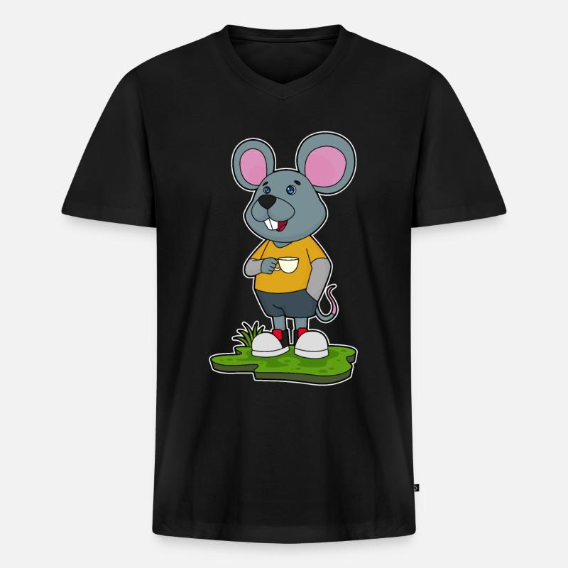Maus mit Kaffeetasse - Männer Premium Bio T-Shirt mit V-Ausschnitt - Schwarz