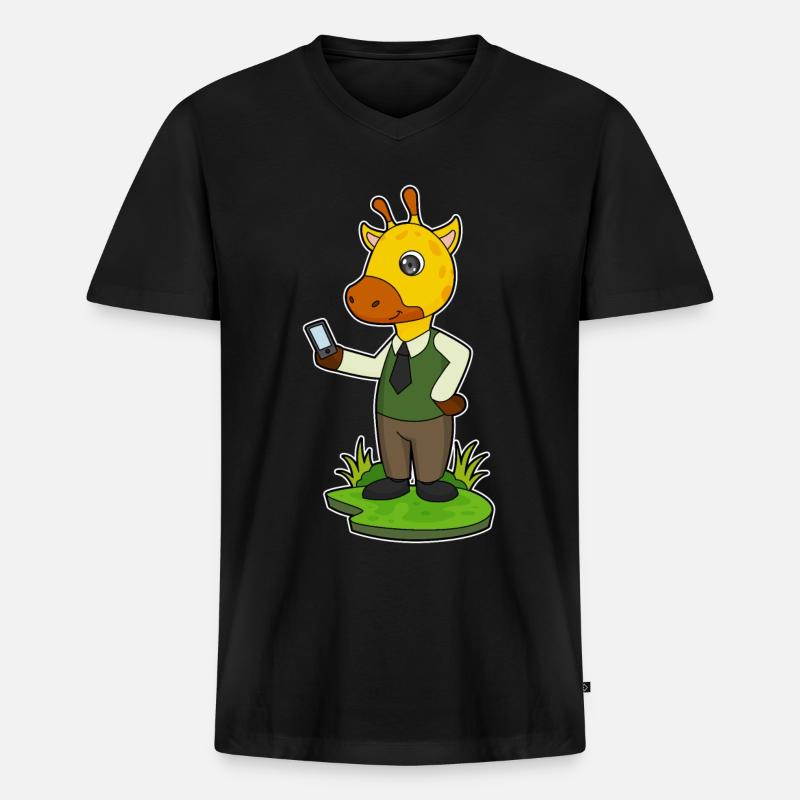Giraffe mit Handy - Männer Premium Bio T-Shirt mit V-Ausschnitt - Schwarz