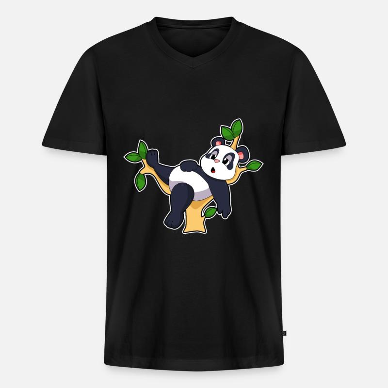Panda auf Baum - Männer Premium Bio T-Shirt mit V-Ausschnitt - Schwarz