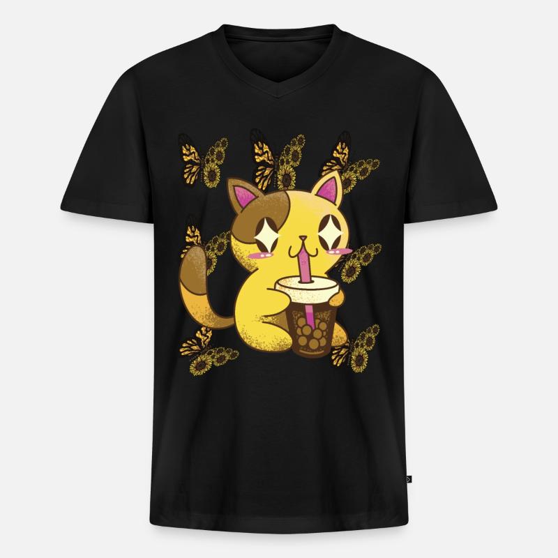 Nette Katze mit Sonnenblumen-Schmetterlings-Tee-Ka - Männer Premium Bio T-Shirt mit V-Ausschnitt - Schwarz