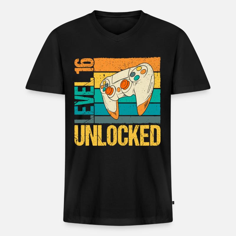 Level 16 Unlocked - Männer Premium Bio T-Shirt mit V-Ausschnitt - Schwarz