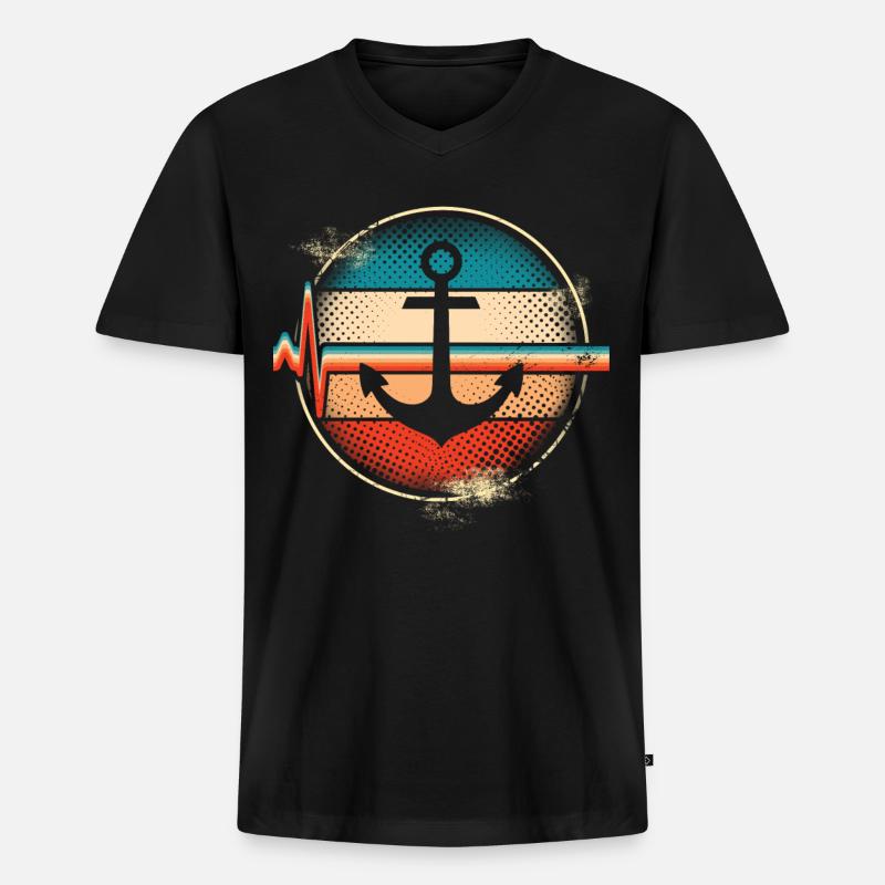 Anker Herzschlag - Männer Premium Bio T-Shirt mit V-Ausschnitt - Schwarz