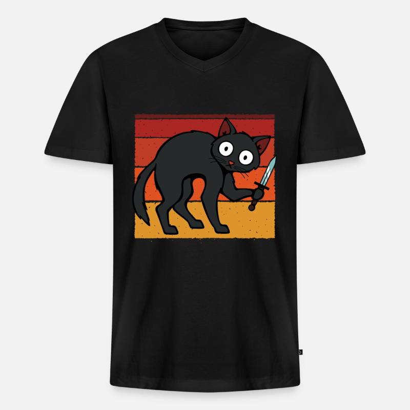 Verrückte Katze mit Messer - Männer Premium Bio T-Shirt mit V-Ausschnitt - Schwarz
