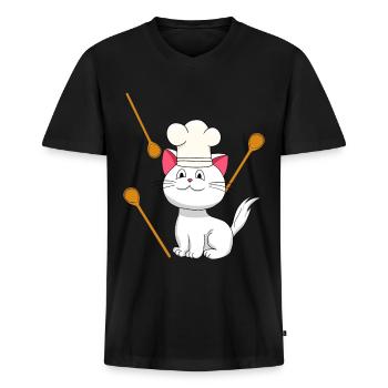 Cat Chef Chef's Hat Birthday Gift Cooking - Men's Premium Organic T-shirt with V-neck - black - Front - Nico (187cm)