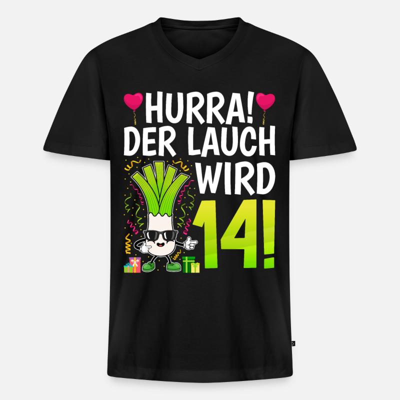 Hurra der Lauch wird 14 - Männer Premium Bio T-Shirt mit V-Ausschnitt - Schwarz