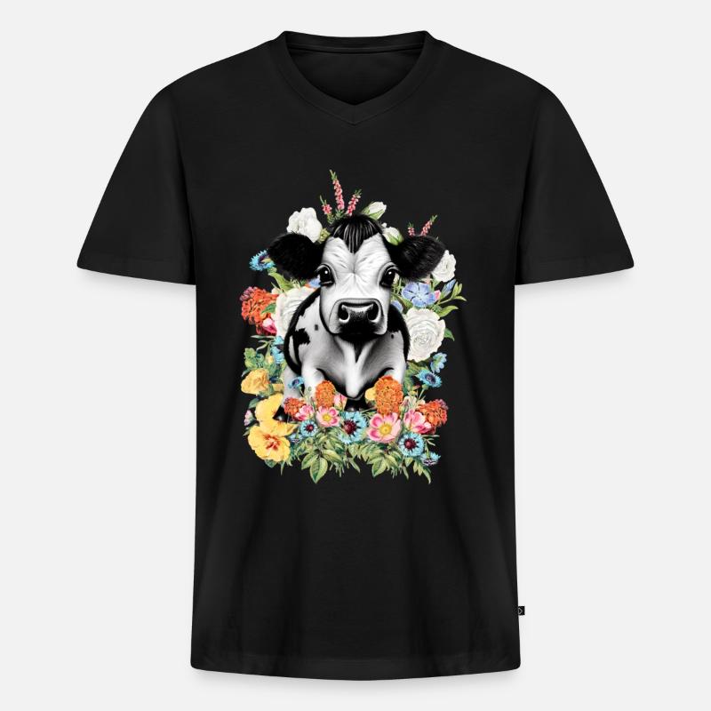 Kuh Blumen - Männer Premium Bio T-Shirt mit V-Ausschnitt - Schwarz